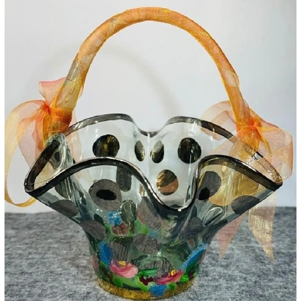 MacKenzie Childs Circus Collection Glass Basket Handpainted Ruffled Floral Bow